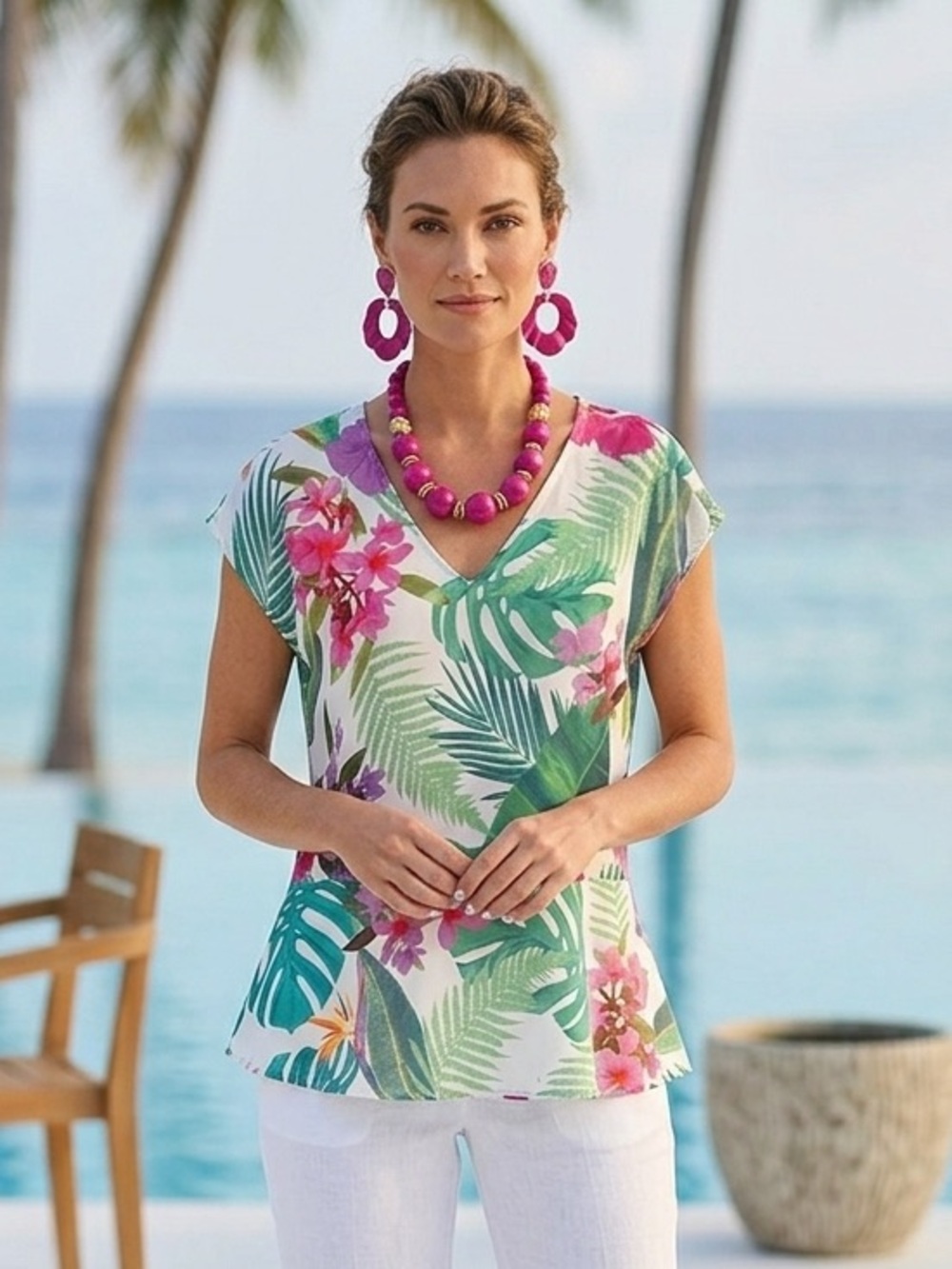 CHAUS New York Women Large L Blouse Tropical Palm Floral Peplum Top